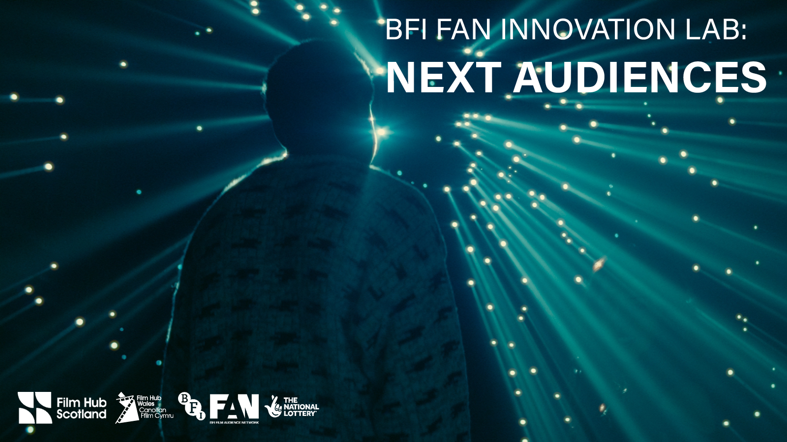 A person looking at a light display with the following words written on it - BFI FAN Innovation Lab: Next Audiences