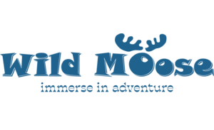 Bubble writing fo the words Wild Moose with a pair of antlers above for the first enlarged O. The slogan 'immerse in adventure' is below