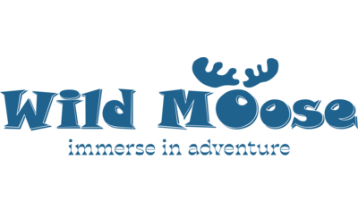 Bubble writing fo the words Wild Moose with a pair of antlers above for the first enlarged O. The slogan 'immerse in adventure' is below