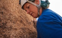 Poster image for the film Elevated. A climber wearing a white helmet leaning against a sandstone cliff.