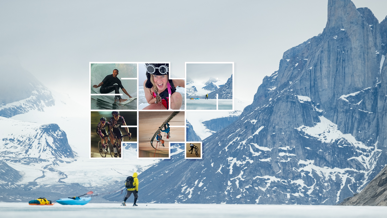 ShAFF 2023 logo superimposed on view of a huge cliff face with a person dragging a kayak on a sheet of ice