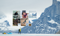 ShAFF 2023 logo superimposed on view of a huge cliff face with a person dragging a kayak on a sheet of ice