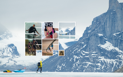 ShAFF 2023 logo superimposed on view of a huge cliff face with a person dragging a kayak on a sheet of ice