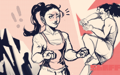 Illustration showing two female climbers, stylised to look muscly and strong as they climb