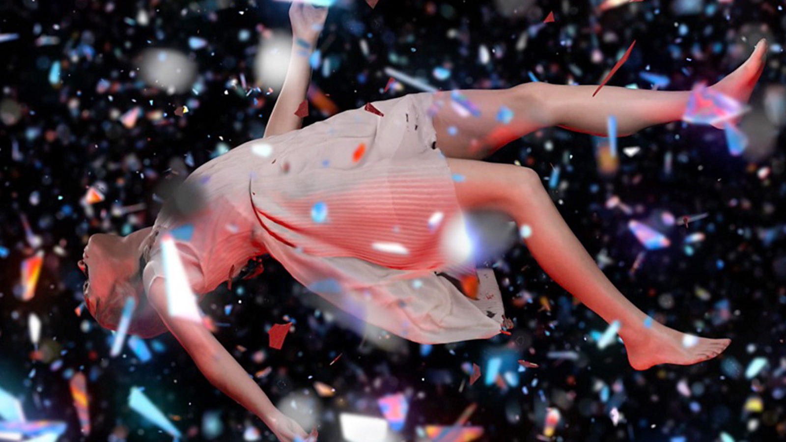 A woman falls through the air surrounded by shards of coloured light in a scene from DISTRUST EVERYTHING