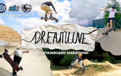 Two mountainboarders performing freestyle tricks.