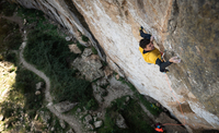 Klaas approaching the Crux on route, Still Alive 