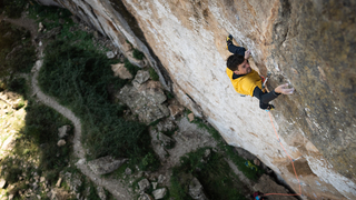 Klaas approaching the Crux on route, Still Alive 