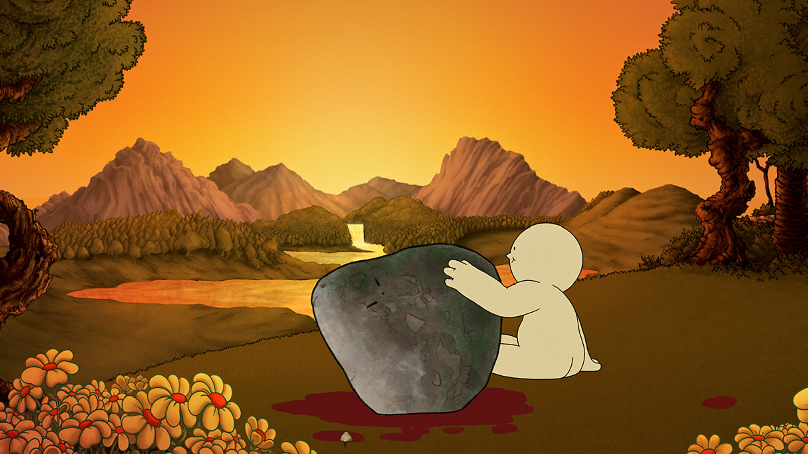 A Cutie enjoys the sunset with his arm around a blood-splattered boulder in a scene from CUTIES