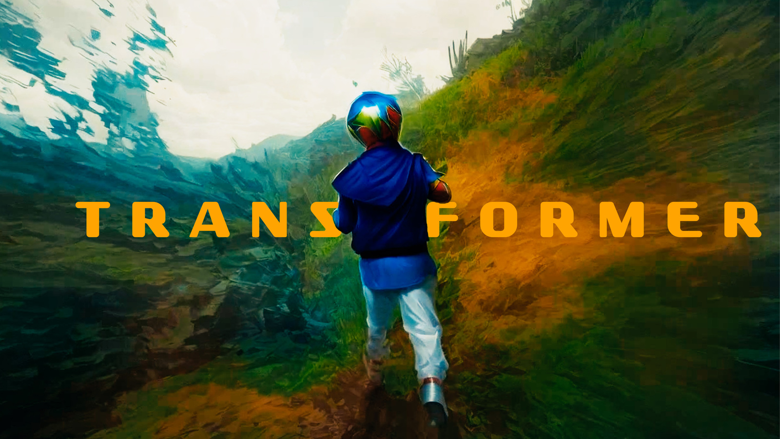 A boy-sized superhero runs through vibrant coloured shrubbery 