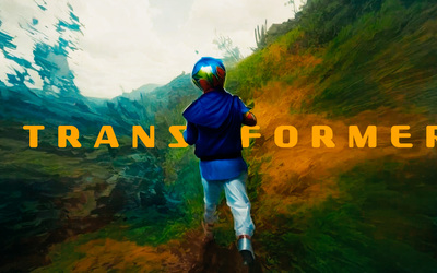 A boy-sized superhero runs through vibrant coloured shrubbery 