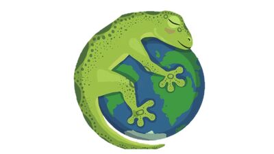Climbers for Climate logo: a green gecko is hugging the earth