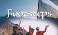 The four female members of the Footsteps expedition team stand and wave on the side of a mountain. They are wearing expedition rucksacks and himalayan peaks can be seen in the background. Text 'Footsteps' is written across the image with the JHPVisuals, Rab, La Sportiva and Exped brand logos also visible.