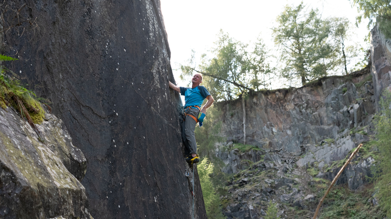 Pete Whillance climbing a new route in Moss Rigg Quarry, Cumbria