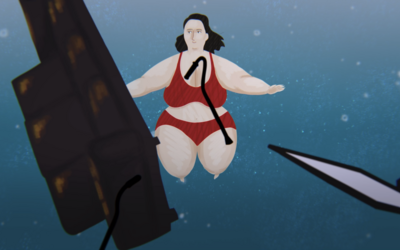 Sofa, TV and walking stick floating up