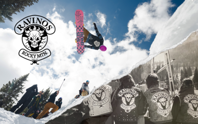 A landscape Ravinos film poster depicting 1972 Ravinos wearing their denim jackets and patches and a newly joined member backflipping the traditional 'Wailer' cliff gap in 2024.