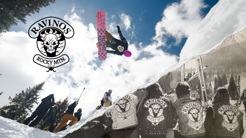 A landscape Ravinos film poster depicting 1972 Ravinos wearing their denim jackets and patches and a newly joined member backflipping the traditional 'Wailer' cliff gap in 2024.