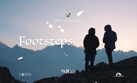 An image depicting the silhouette of 2 people standing on a ridge line with snowy mountains in the background. The text says JHP Visuals- Footsteps  