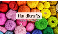 The background of this image features colorful balls of yarn arranged in a rainbow pattern. A semi-transparent text box overlays the scene, displaying the name of the club, "Handicrafts". Below this is the tagline "Craft Club for Adventurers" and a small white silhouette of a climber, positioned as if they are climbing one of the balls of yarn.