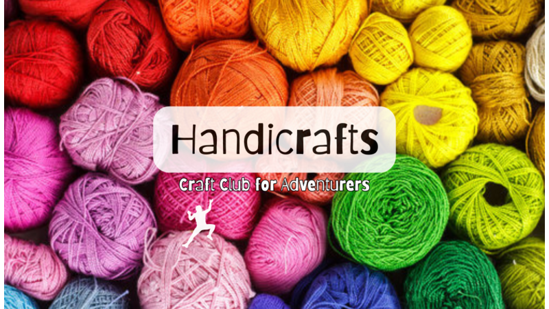 The background of this image features colorful balls of yarn arranged in a rainbow pattern. A semi-transparent text box overlays the scene, displaying the name of the club, "Handicrafts". Below this is the tagline "Craft Club for Adventurers" and a small white silhouette of a climber, positioned as if they are climbing one of the balls of yarn.