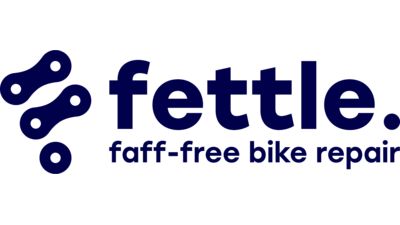 'F' for brand name fettle. Alongside 'fettle' side, and 'faff-free bike repair' sign below.