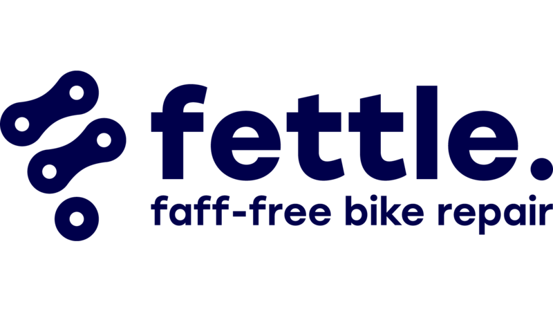 'F' for brand name fettle. Alongside 'fettle' side, and 'faff-free bike repair' sign below.