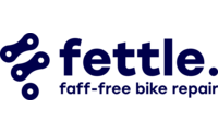 F sign with 'fettle' and tagline 'faff-free bike repair' below.