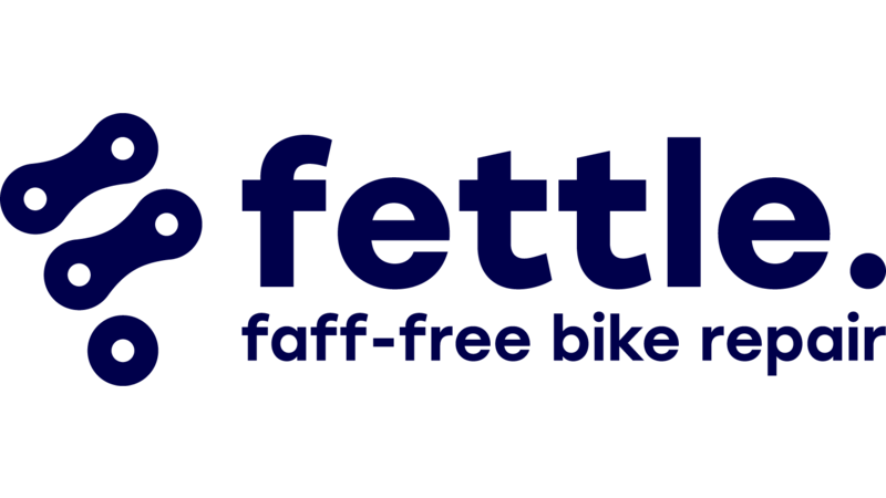 F sign with 'fettle' and tagline 'faff-free bike repair' below.