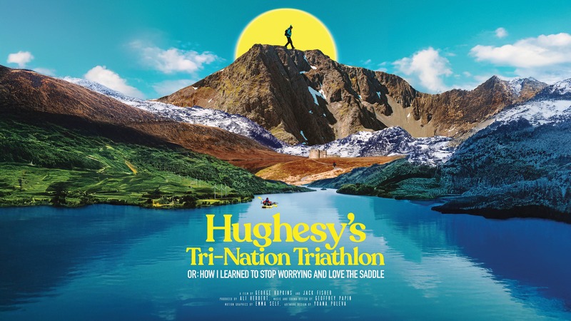 The poster for the film, showing a vast a landscape of a lake, fields and mountains in the background, with Adventurer Claire Hughes striding across the mountain ridge.