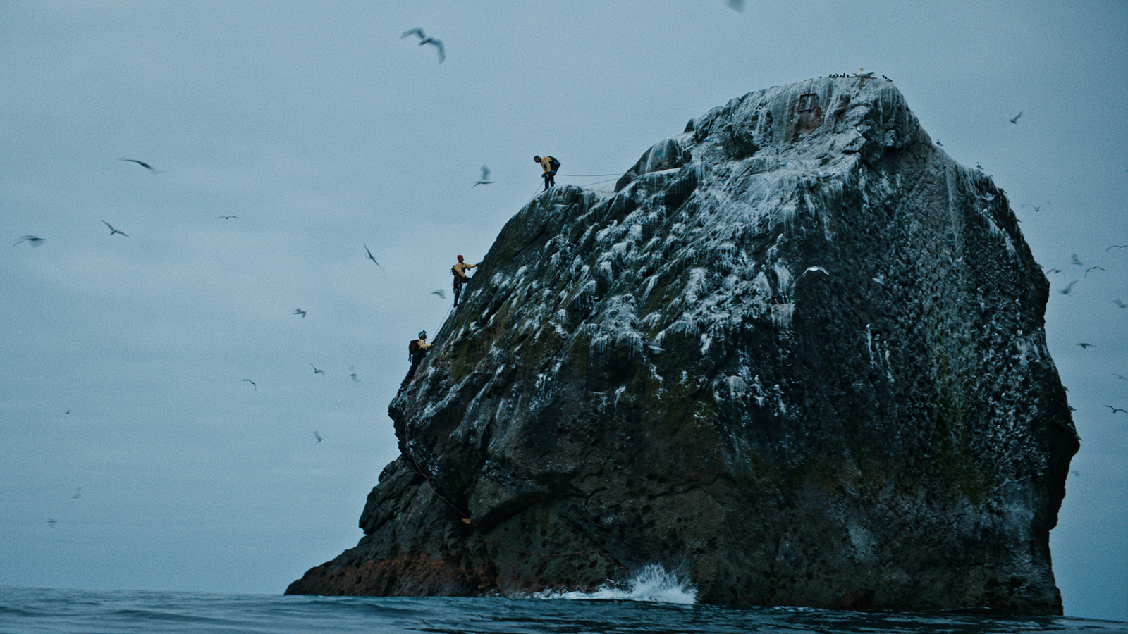 Three people climb up a small rock, surrounded by ocean.