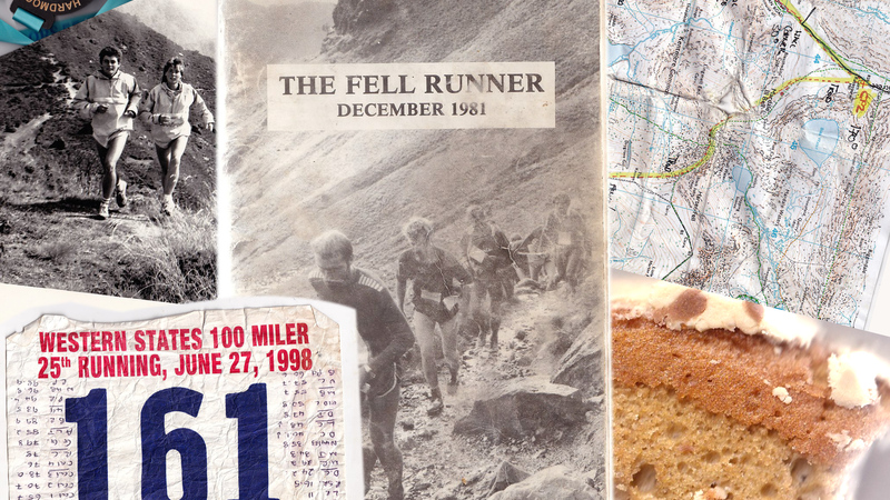 A collage of scans, maps, race numbers and old running pictures