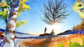 Boy on dads sholders in watercolor landscape