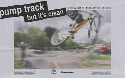 A polaroid-like image, with a photograph of two young people riding BMX bikes on a pump track. One is wearing a black helmet in a dark hoodie - he's looking down at where he's going.