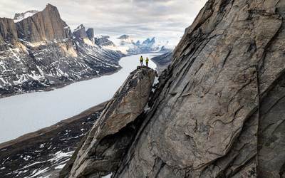 Sarah and Erik enjoying the stunning view of Stewart Lake from the first pitch of their climb. 