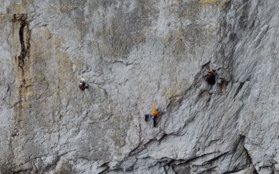 A man carefully navigates the exposed and sparsely protected route known as 'The Bells, The Bells!' (E7 6b) at Gogarth