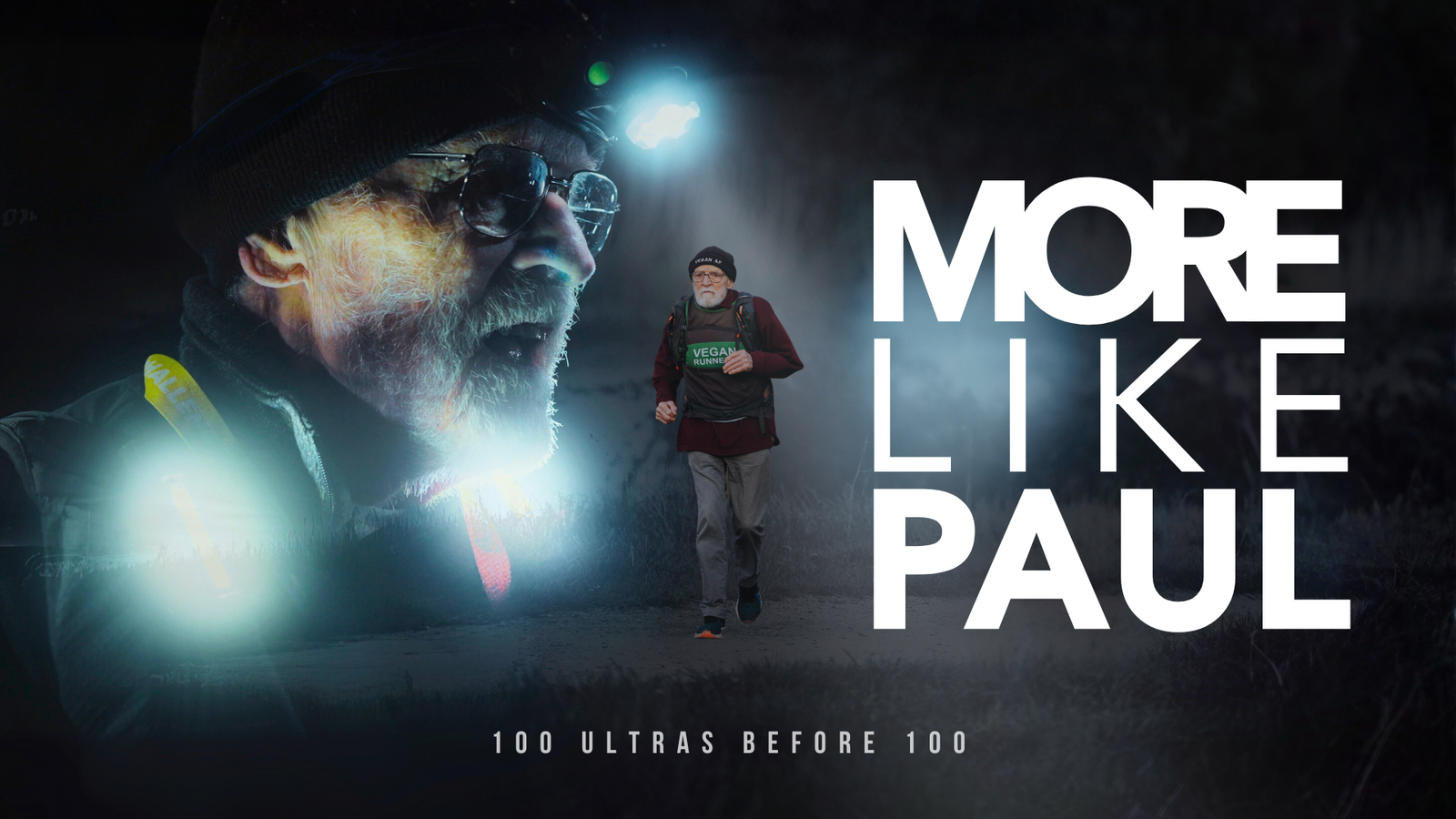 Mature man runs on path, close up of his face at night with head torch on. Title: More Like Paul