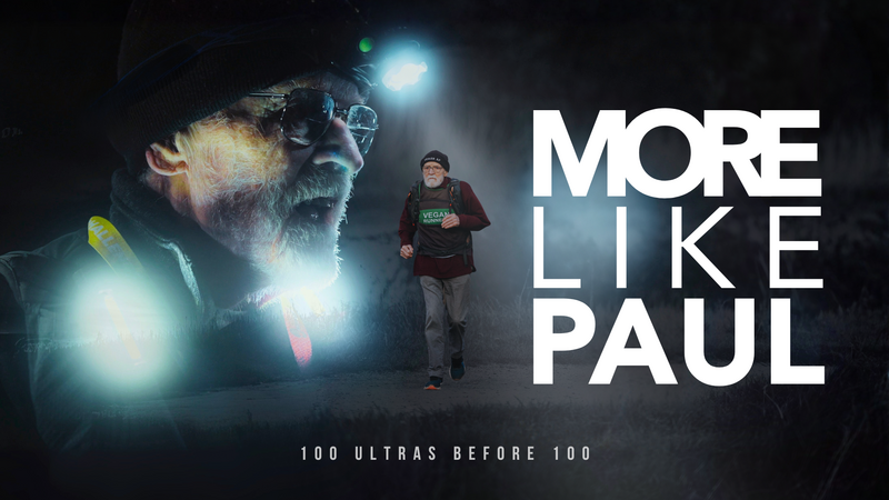 Mature man runs on path, close up of his face at night with head torch on. Title: More Like Paul