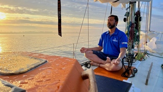 Abhilash Tomy meditates in a rare moment of stillness during the 2022 Golden Globe Race. Photo: Dorcas Wan Lam Ho