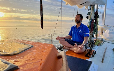 Abhilash Tomy meditates in a rare moment of stillness during the 2022 Golden Globe Race. Photo: Dorcas Wan Lam Ho