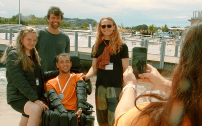 The surfing team posing for a photo