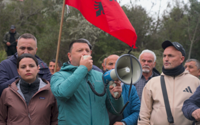 Besjana and Olsi leading a protest to protect the Vjosa river.