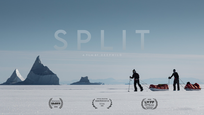 Bright arctic scene with two split boarders pulling pulks in front of distant icebergs frozen into the ice. One is in motion, the other is standing still.