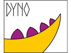 Yellow dinosaur tail with purple spikes towards right. DYNO in runes style in top left corner