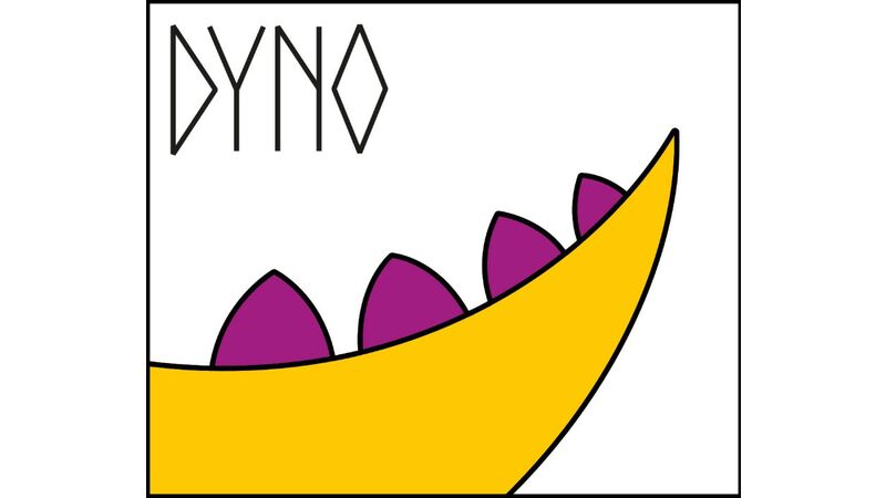 Yellow dinosaur tail with purple spikes towards right. DYNO in runes style in top left corner