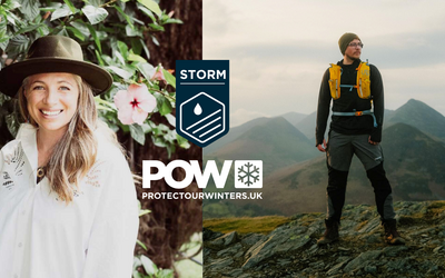 a woman smiles and wears a hat on the left. on the right is a man standing atop a hill wearing a running vest