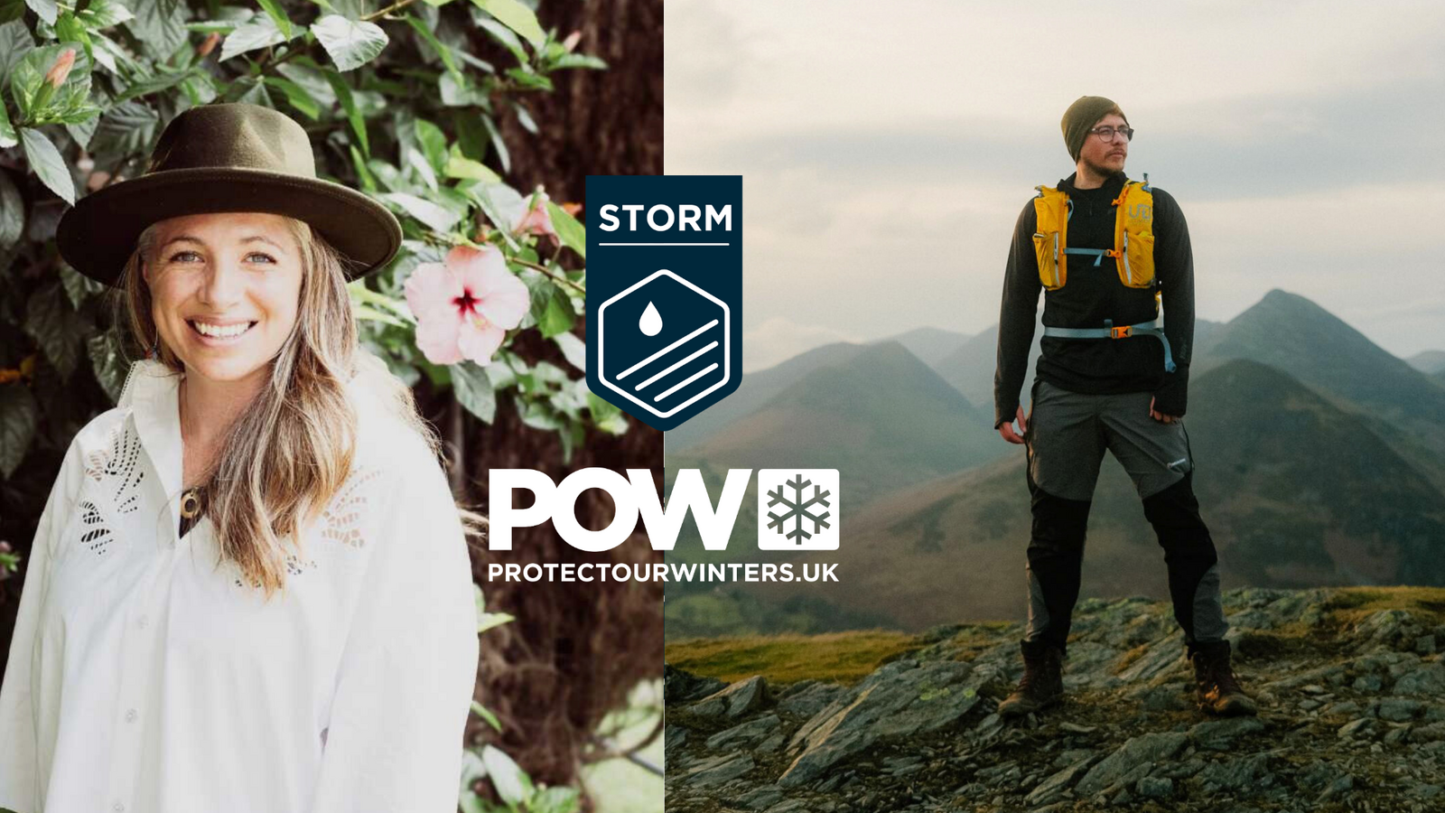 a woman smiles and wears a hat on the left. on the right is a man standing atop a hill wearing a running vest