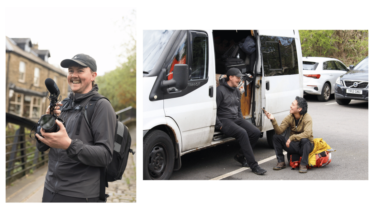 Two photos. Jamie smiling holding his camera, and Jamie and Frit sitting during the interview
